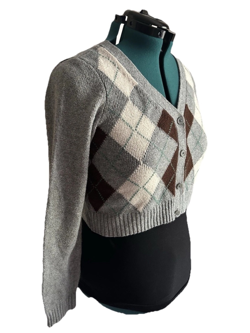 American Eagle Argyle Cropped Cardigan Gray Brown Cream Preppy Cottagecore SP